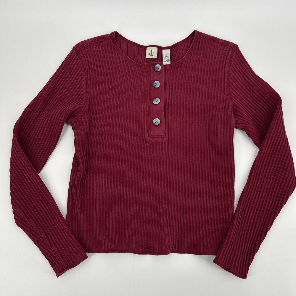 Vintage 90s GAP Ribbed Top Womens Size M Burgundy Henley Cropped 100% Cotton
